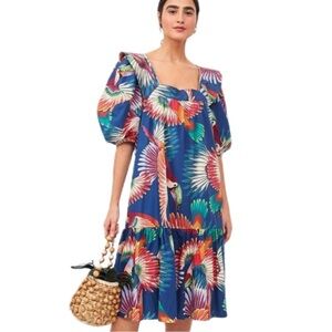 FARM Rio Navy Colorful Toucans Midi Puff Sleeve Ruffle Tropical Vacation Dress
